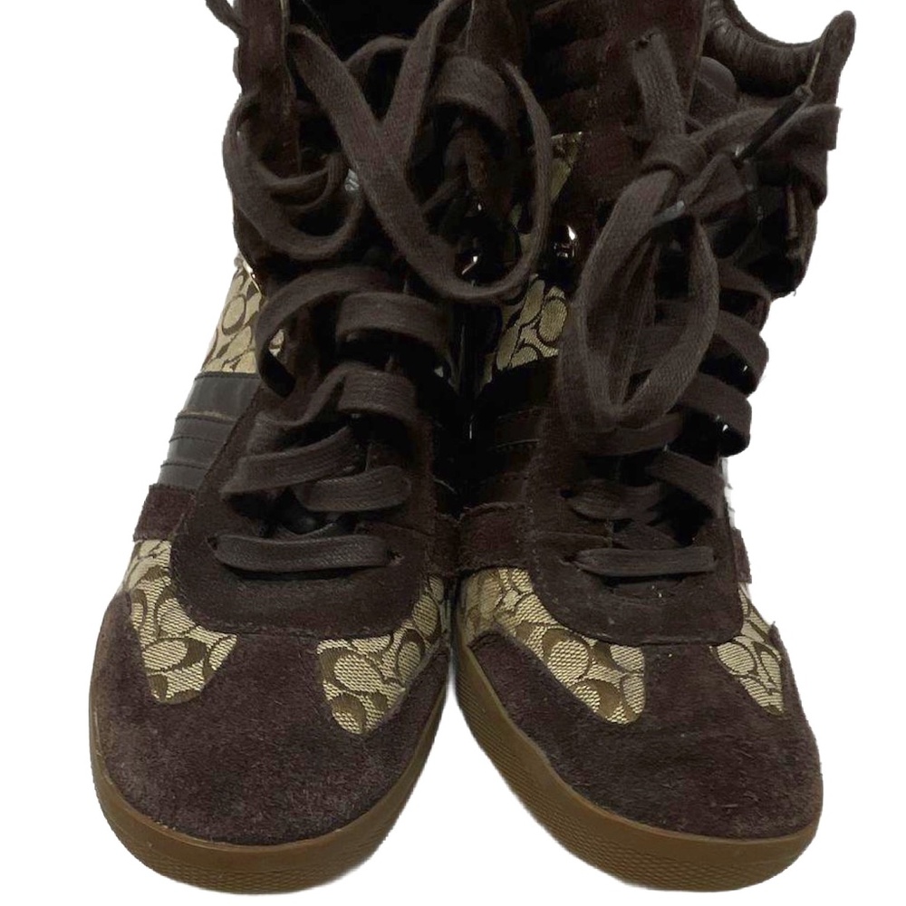 Coach Women's Alara Signature Print Brown Suede Wedged Heeled Boots Size 9.5M - Picture 2 of 7